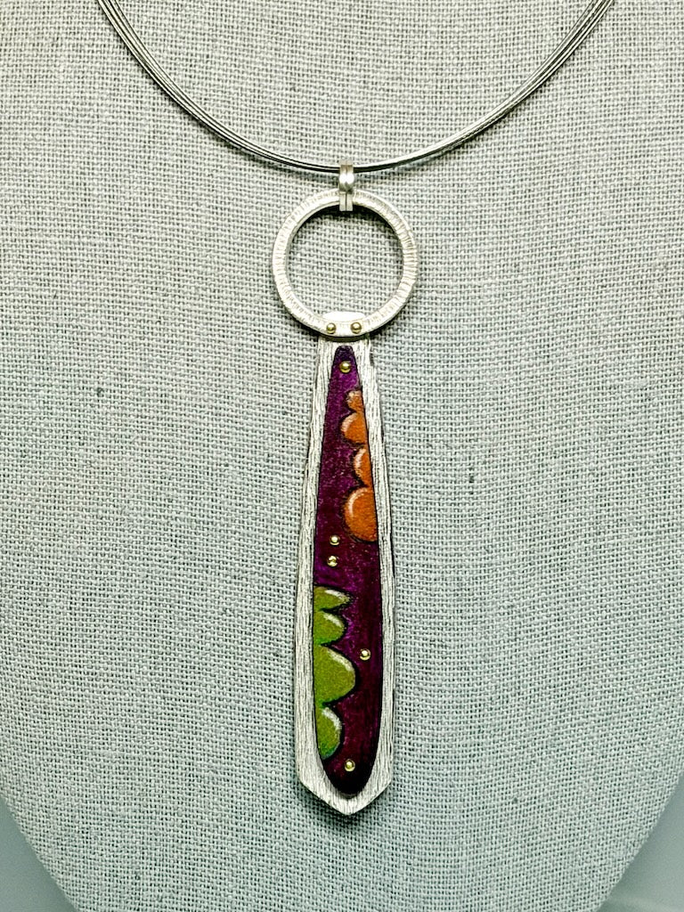 ORANGE/PURPLE/GREEN TEARDROP PENDANT IN STERLING SILVER, COPPER, PRISMACOLOR AND BRASS ON STAINLESS STEEL CABLE DKA305