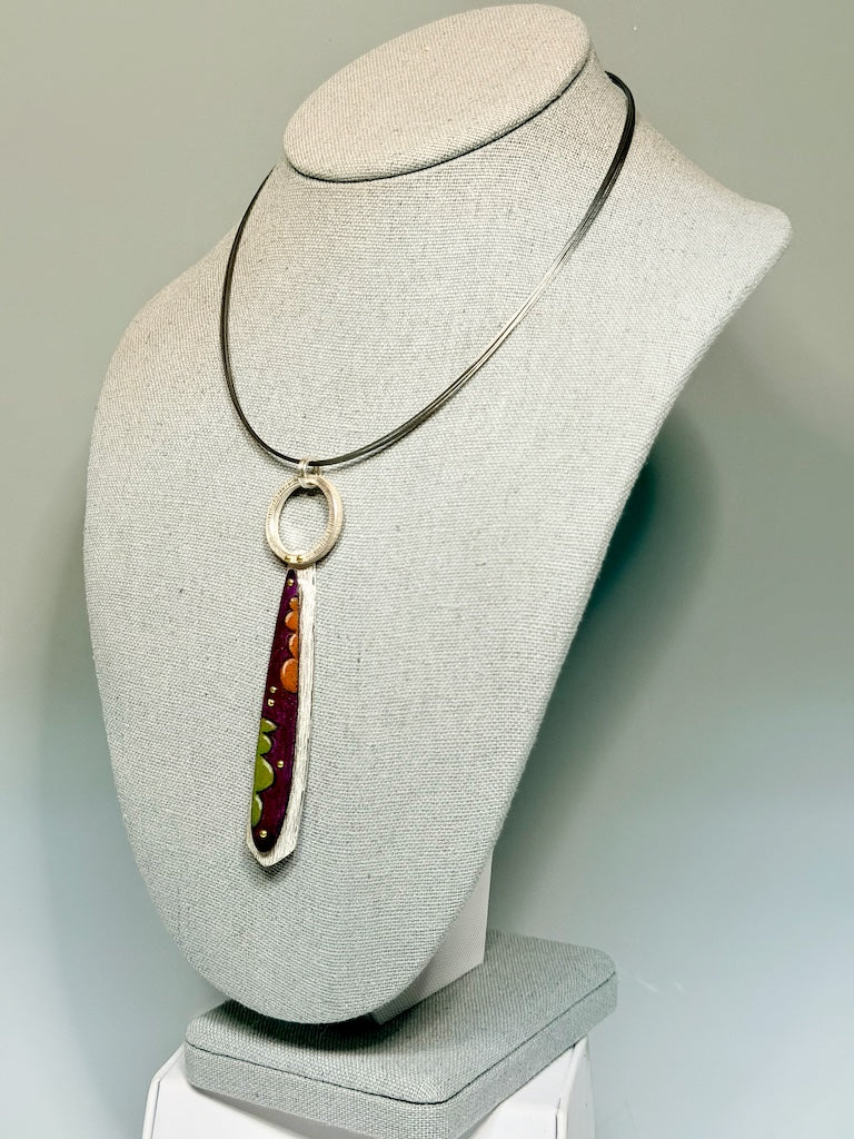 ORANGE/PURPLE/GREEN TEARDROP PENDANT IN STERLING SILVER, COPPER, PRISMACOLOR AND BRASS ON STAINLESS STEEL CABLE DKA305