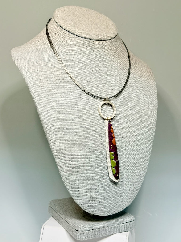 ORANGE/PURPLE/GREEN TEARDROP PENDANT IN STERLING SILVER, COPPER, PRISMACOLOR AND BRASS ON STAINLESS STEEL CABLE DKA305