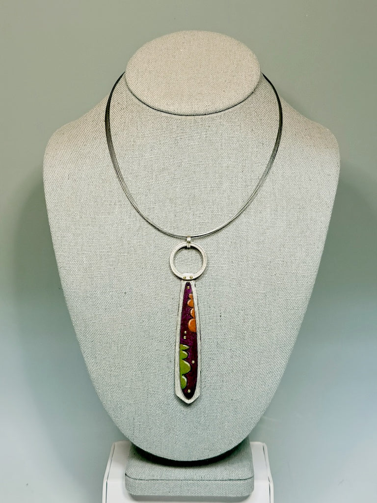 ORANGE/PURPLE/GREEN TEARDROP PENDANT IN STERLING SILVER, COPPER, PRISMACOLOR AND BRASS ON STAINLESS STEEL CABLE DKA305
