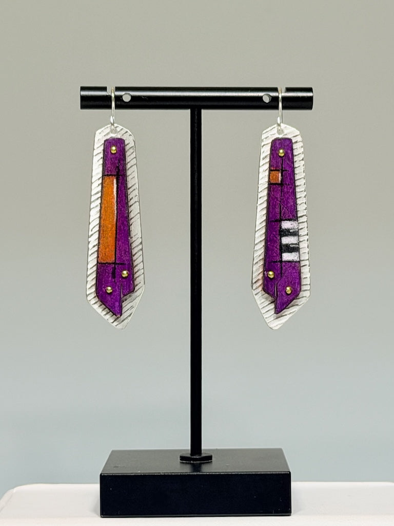 PURPLE/ORANGE/BLACK & WHITE LEDGE EARRINGS IN STERLING SILVER, COPPER, PRISMACOLOR & BRASS DKA306
