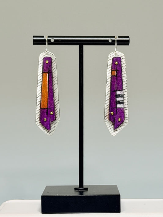 PURPLE/ORANGE/BLACK & WHITE LEDGE EARRINGS IN STERLING SILVER, COPPER, PRISMACOLOR & BRASS DKA306