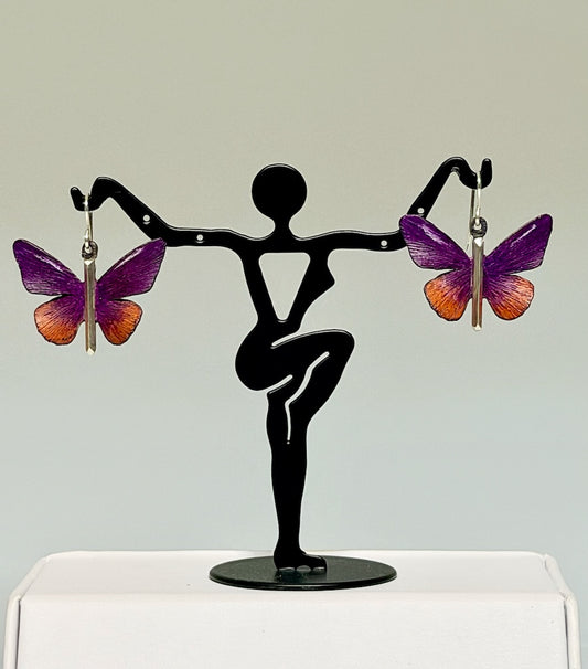 PURPLE/ORANGE/BLACK & WHITE BUTTERFLY EARRINGS IN STERLING SILVER/COPPER BIMETAL & PRISMACOLOR DKA307