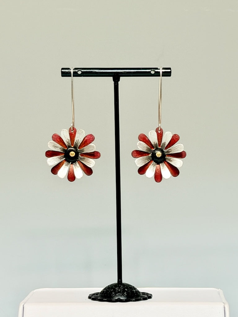 RED/SILVER POSY LONG DROP EARRINGS IN STERLING SILVER & COPPER DKA309
