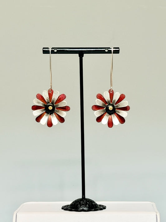 RED/SILVER POSY LONG DROP EARRINGS IN STERLING SILVER & COPPER DKA309