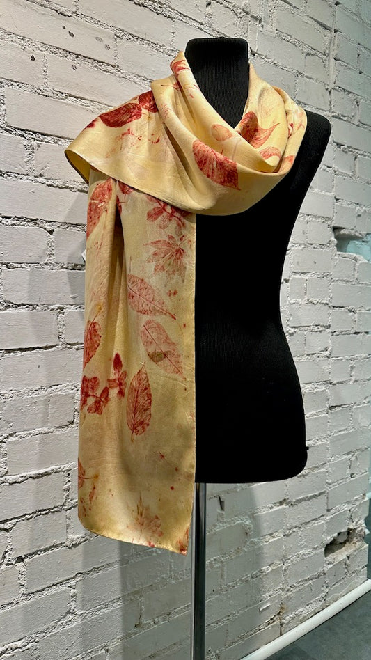 HAND DYED 100% CHARMEUSE ECO-PRINTED SCARF F256