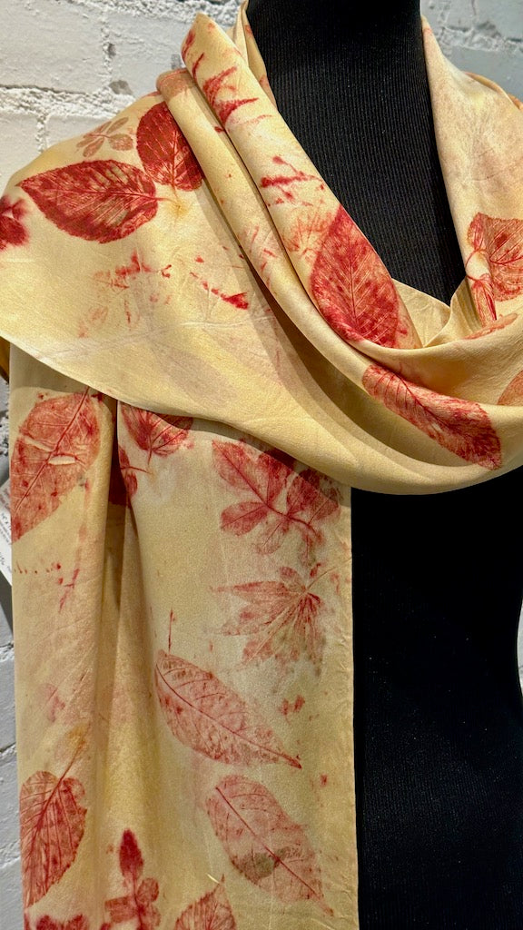 HAND DYED 100% CHARMEUSE ECO-PRINTED SCARF F256