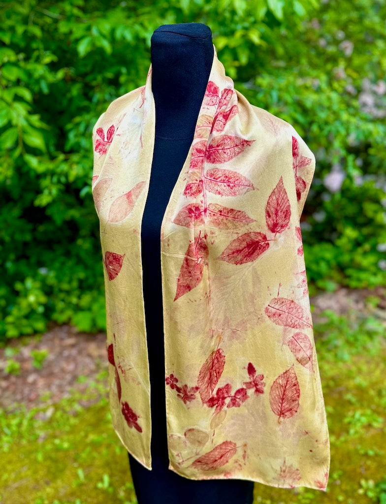 HAND DYED 100% CHARMEUSE ECO-PRINTED SCARF F256