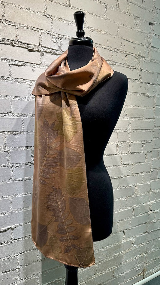 100% SILK CHARMEUSE HAND DYED ECO-PRINT SCARF. F270