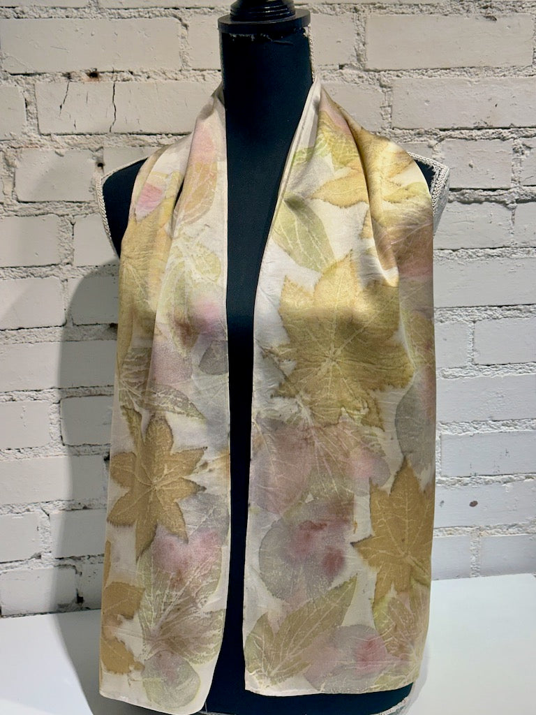 100% HAND DYED SILK CHARMEUSE ECO-PRINTED SCARF F293