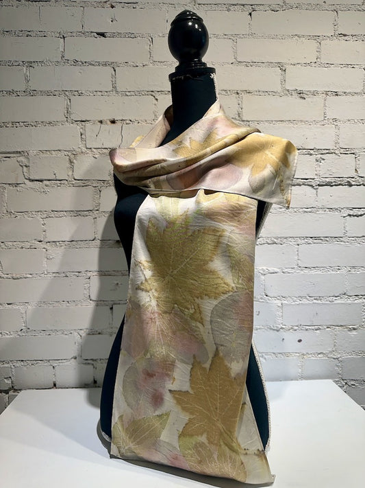 100% HAND DYED SILK CHARMEUSE ECO-PRINTED SCARF F293