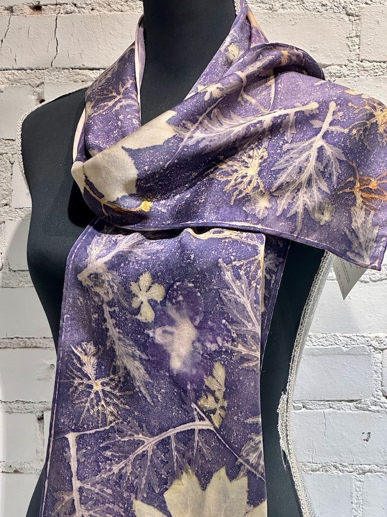 100% HAND DYED SILK CHARMEUSE ECO-PRINTED SCARF F294