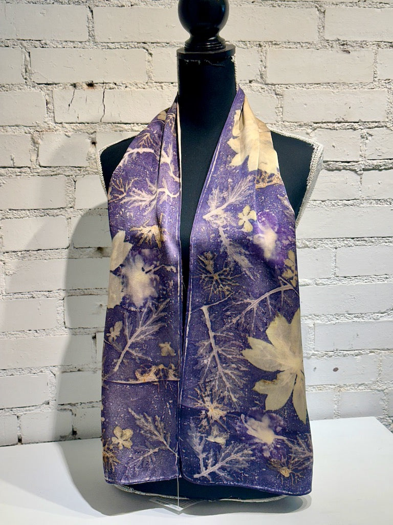 100% HAND DYED SILK CHARMEUSE ECO-PRINTED SCARF F294