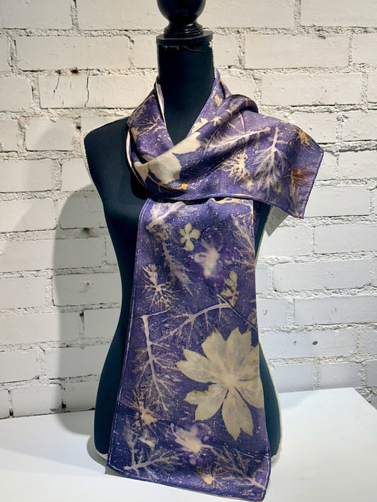 100% HAND DYED SILK CHARMEUSE ECO-PRINTED SCARF F294