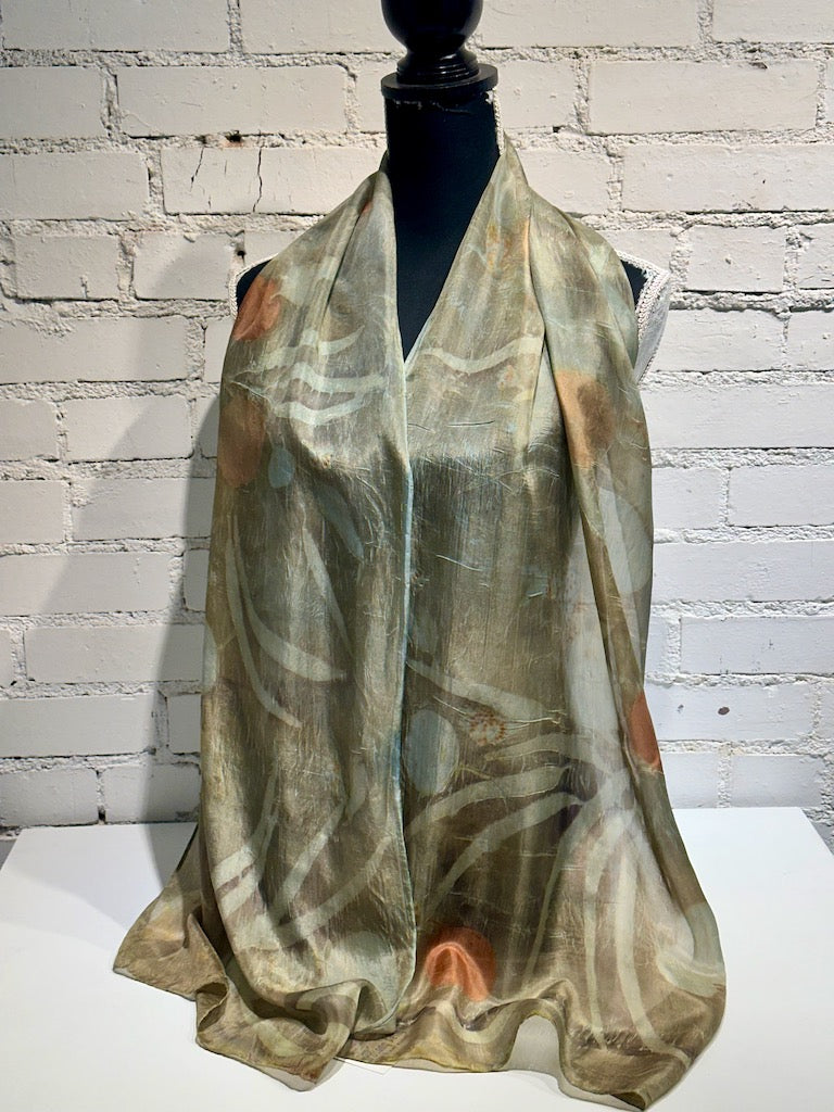 100% HAND DYED SILK  ECO-PRINTED SCARF F295