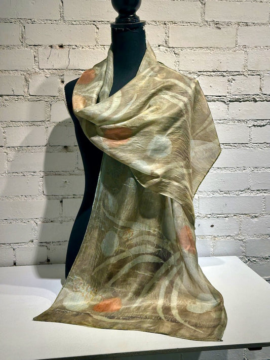 100% HAND DYED SILK  ECO-PRINTED SCARF F295