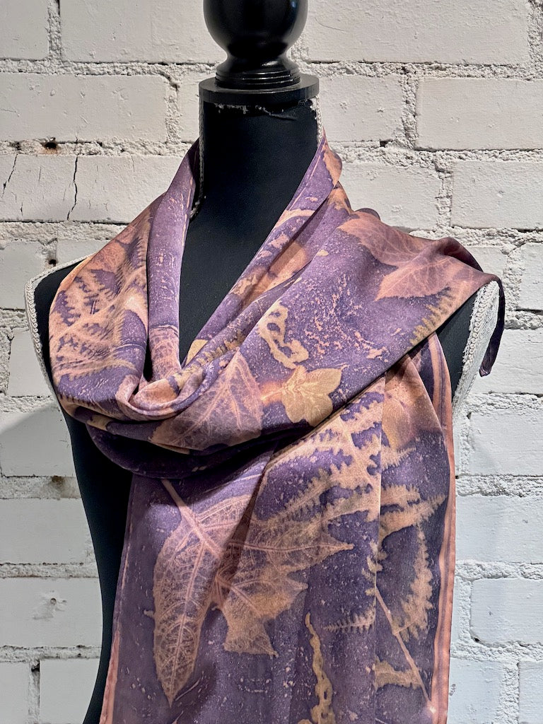 100% HAND DYED SILK CHARMEUSE ECO-PRINTED SCARF F297