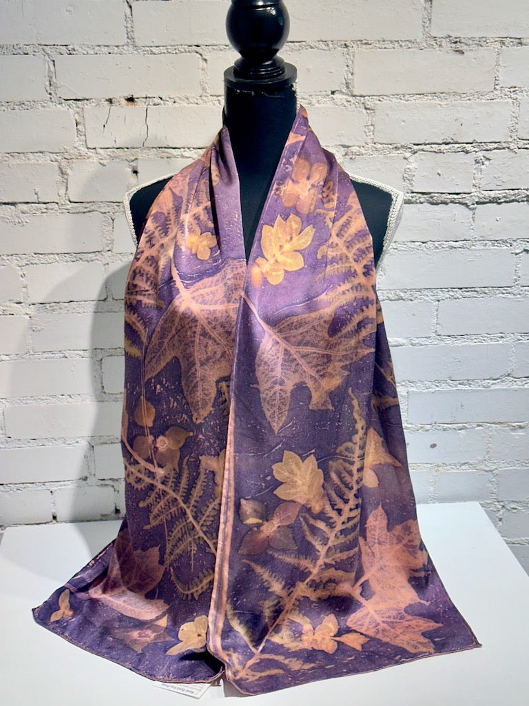 100% HAND DYED SILK CHARMEUSE ECO-PRINTED SCARF F297