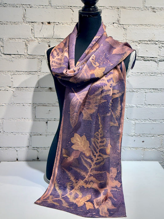 100% HAND DYED SILK CHARMEUSE ECO-PRINTED SCARF F297