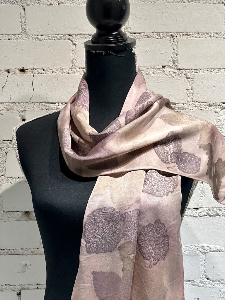 100% HAND DYED SILK CHARMEUSE ECO-PRINTED SCARF F298