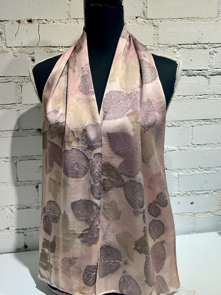 100% HAND DYED SILK CHARMEUSE ECO-PRINTED SCARF F298