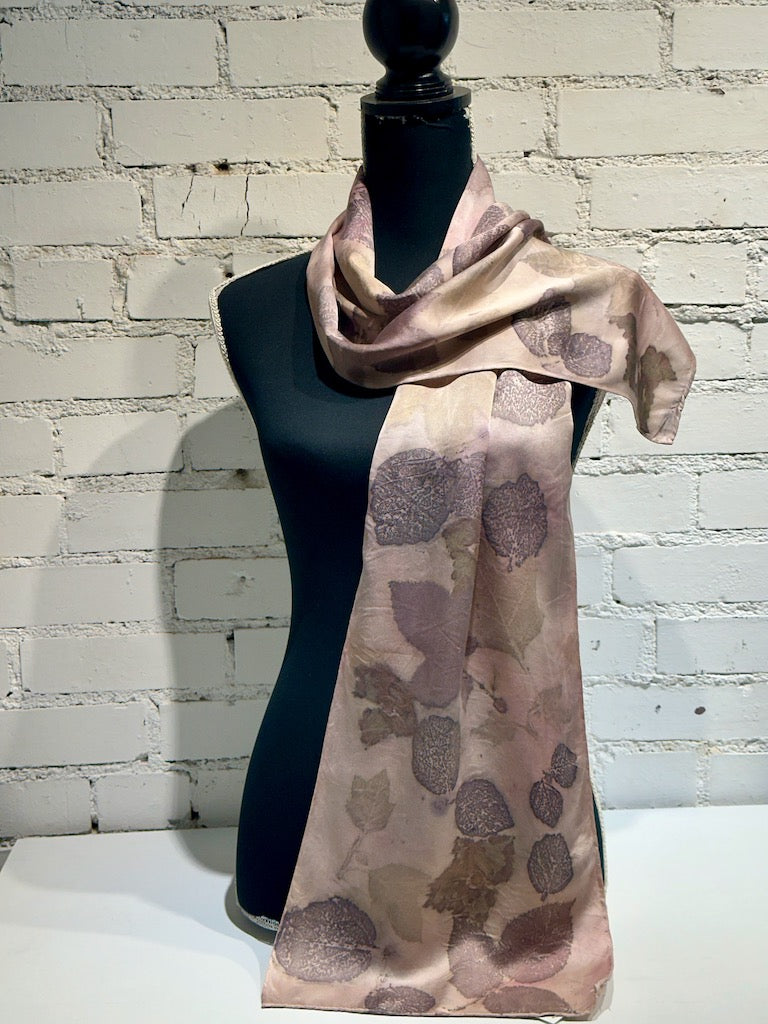 100% HAND DYED SILK CHARMEUSE ECO-PRINTED SCARF F298