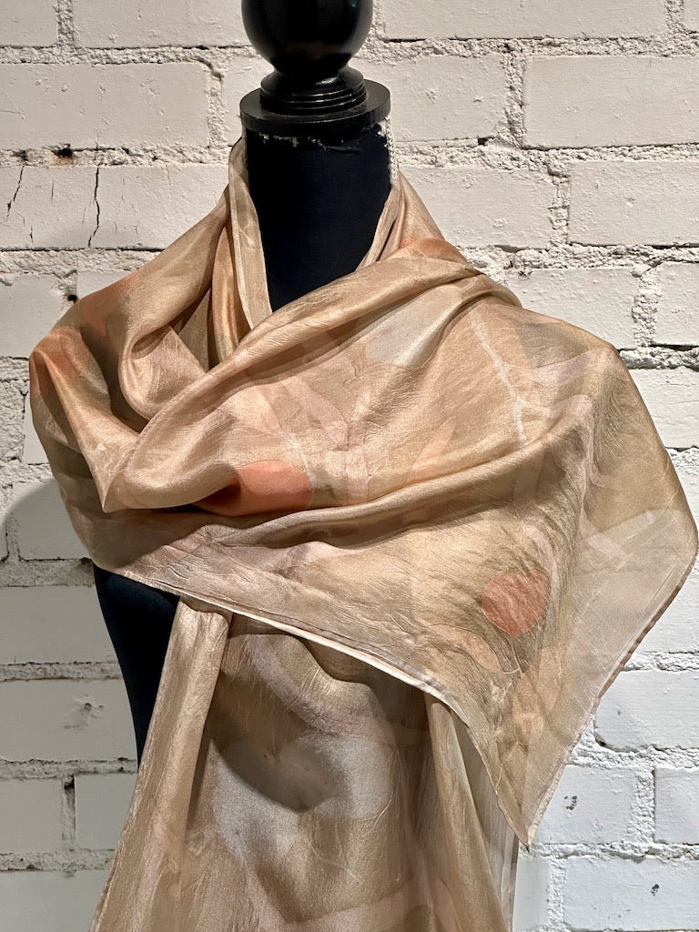 100% HAND DYED SILK ECO-PRINTED SCARF F299