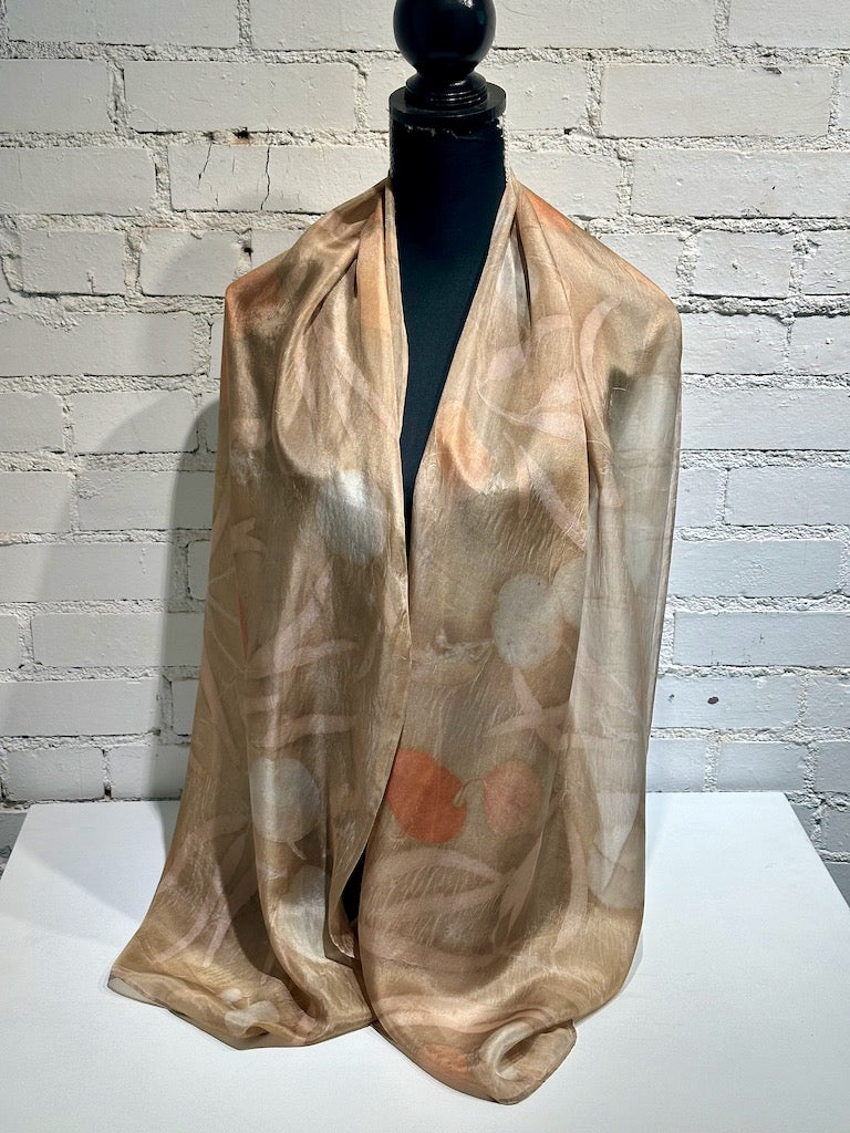 100% HAND DYED SILK ECO-PRINTED SCARF F299