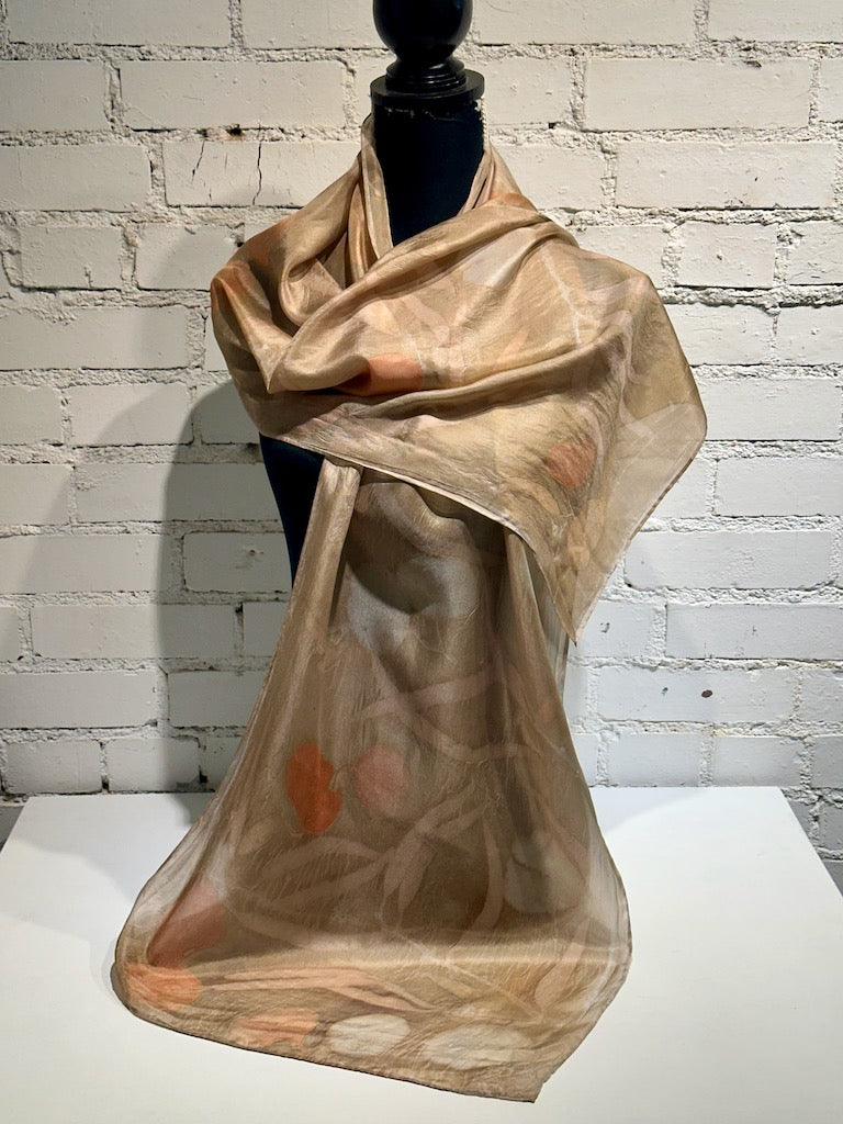 100% HAND DYED SILK ECO-PRINTED SCARF F299