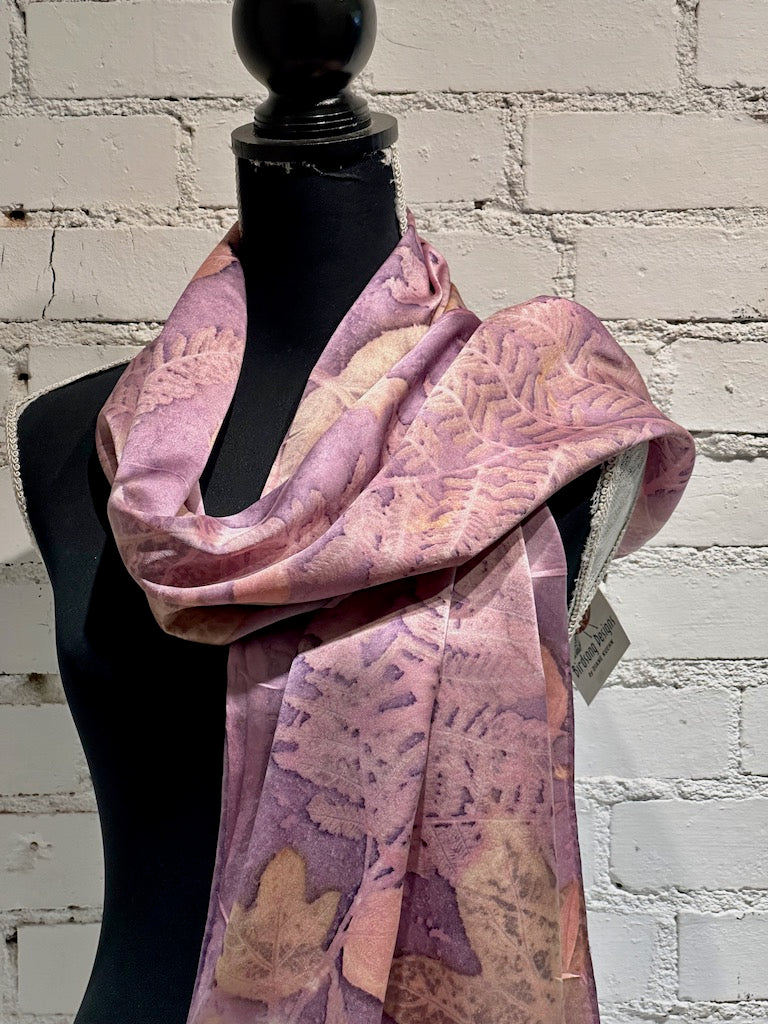 100% HAND DYED SILK CHARMEUSE ECO-PRINTED SCARF F300