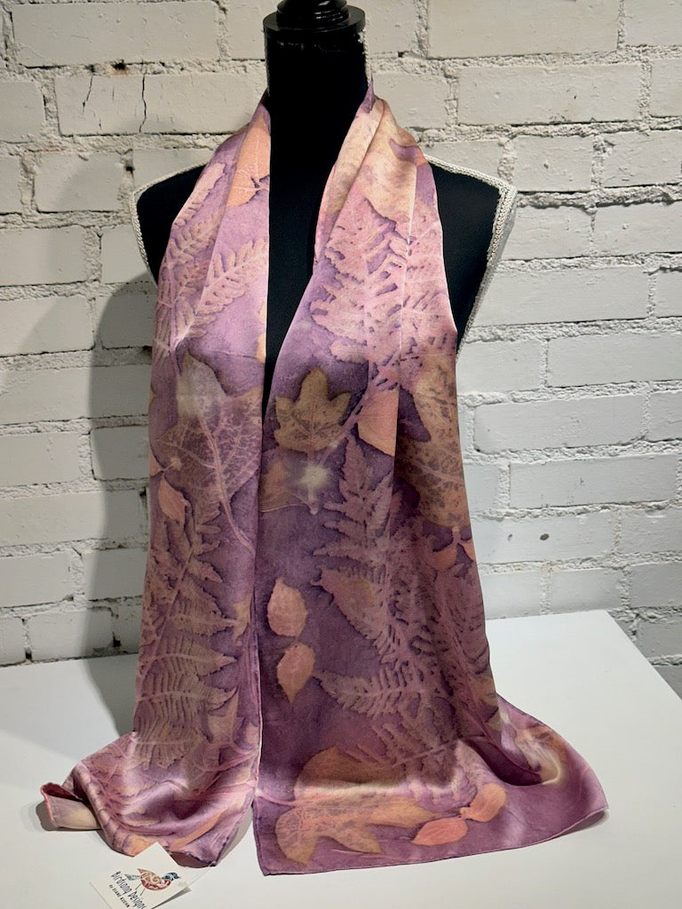 100% HAND DYED SILK CHARMEUSE ECO-PRINTED SCARF F300