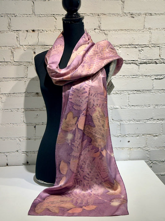 100% HAND DYED SILK CHARMEUSE ECO-PRINTED SCARF F300