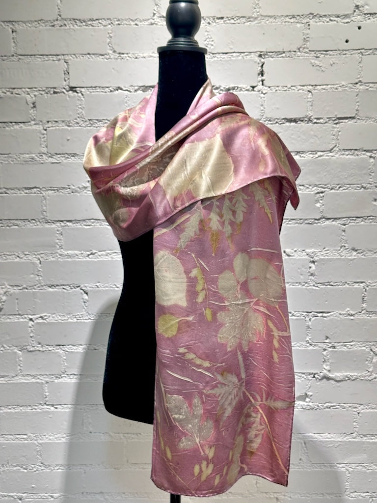 100% HAND DYED SILK CHARMEUSE ECO-PRINTED SCARF F301