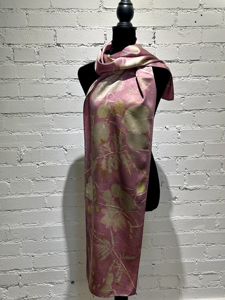 100% HAND DYED SILK CHARMEUSE ECO-PRINTED SCARF F301