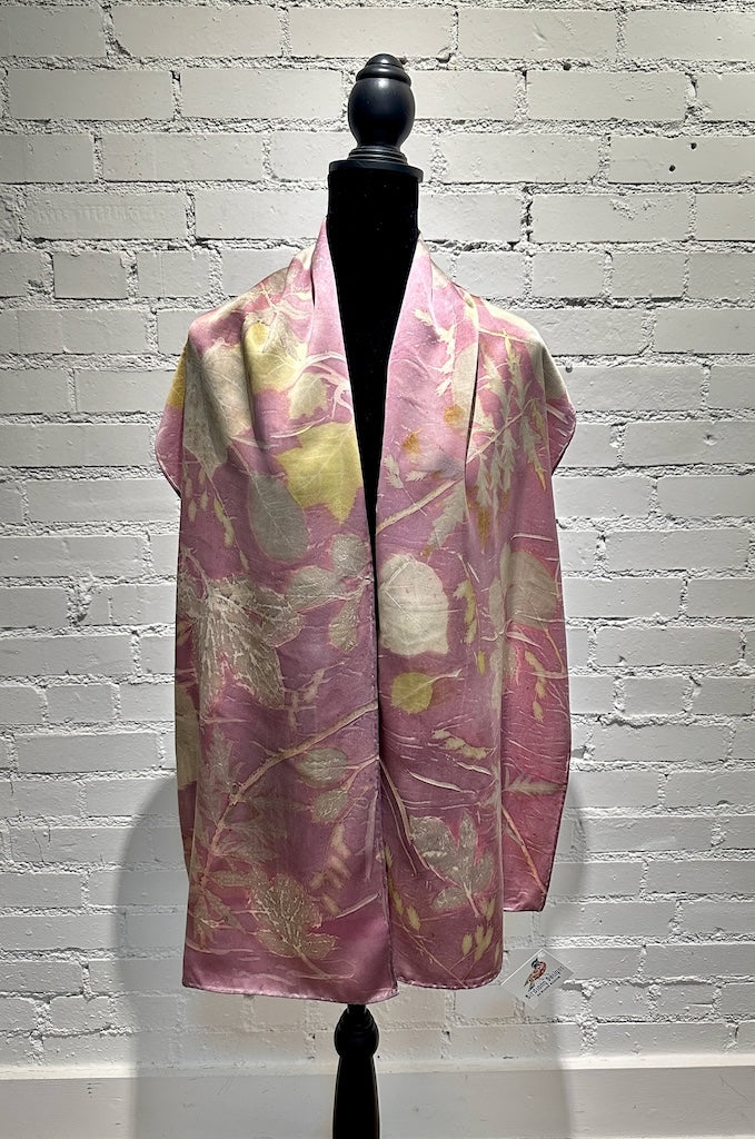 100% HAND DYED SILK CHARMEUSE ECO-PRINTED SCARF F301