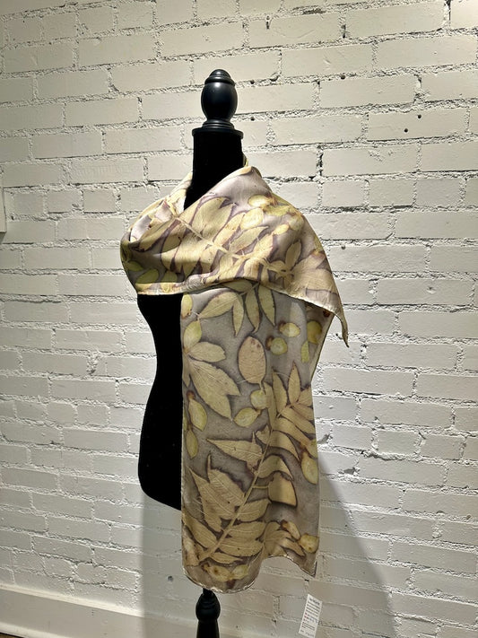 100% HAND DYED SILK CHARMEUSE ECO-PRINTED SCARF F302