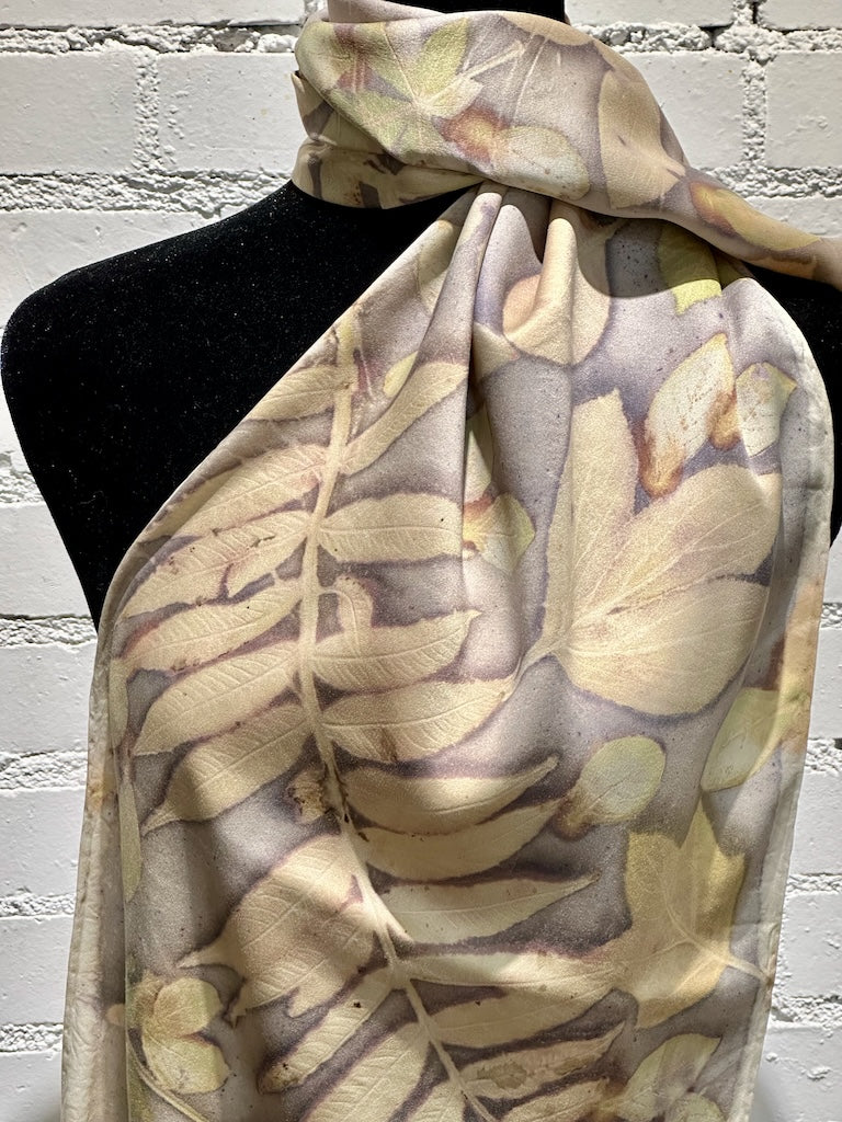 100% HAND DYED SILK CHARMEUSE ECO-PRINTED SCARF F302