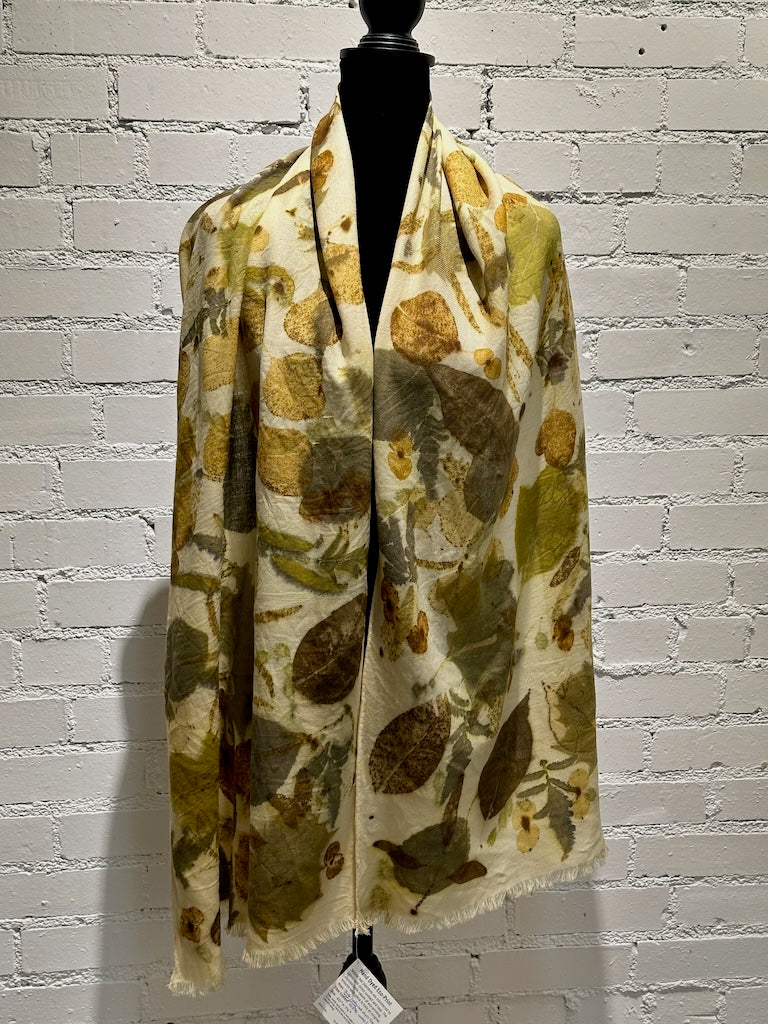 HAND DYED LARGE ECO-PRINTED 100% WOOL SHAWL F304