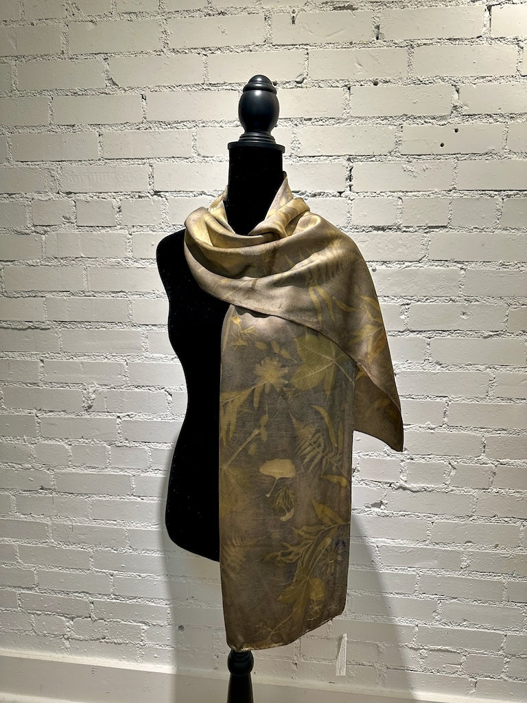 100% HAND DYED SILK CHARMEUSE ECO-PRINTED SCARF F307