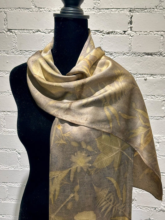 100% HAND DYED SILK CHARMEUSE ECO-PRINTED SCARF F307