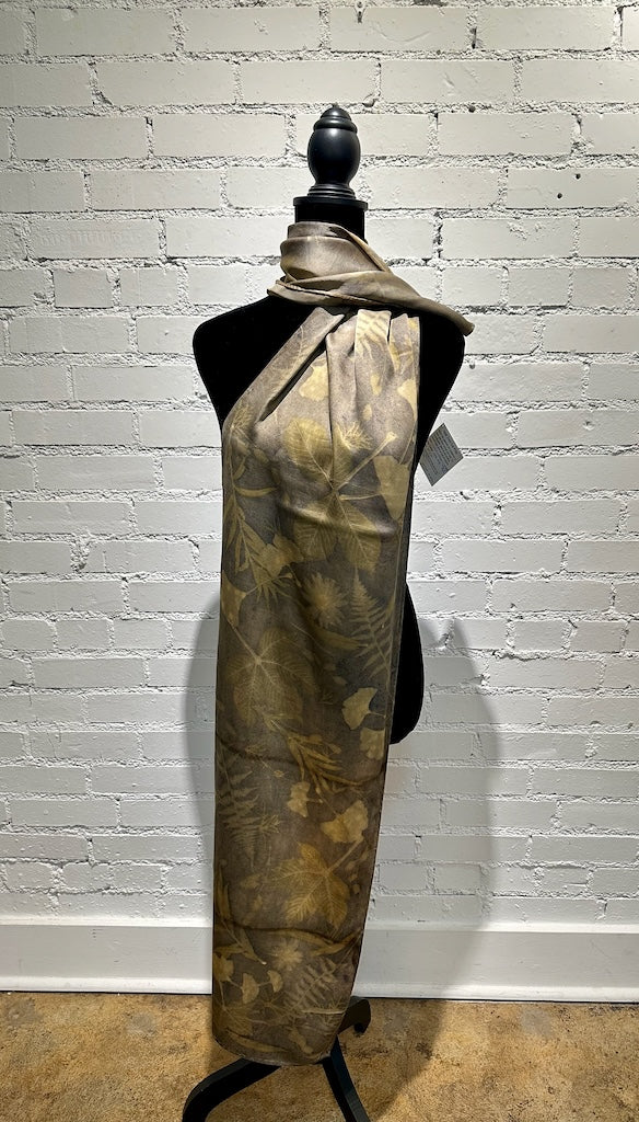 100% HAND DYED SILK CHARMEUSE ECO-PRINTED SCARF F307