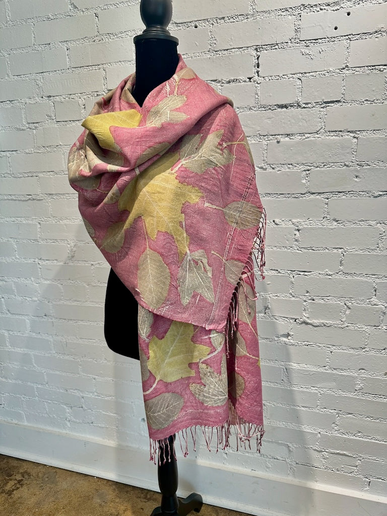 HAND DYED WILD SILK ECO-PRINTED SHAWL F312