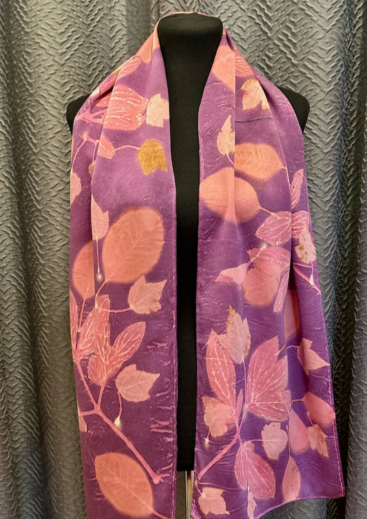 100% HAND DYED SILK CHARMEUSE ECO-PRINTED SCARF F324