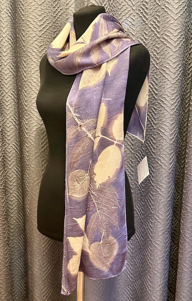 100% HAND DYED SILK CHARMEUSE ECO-PRINTED SCARF F325