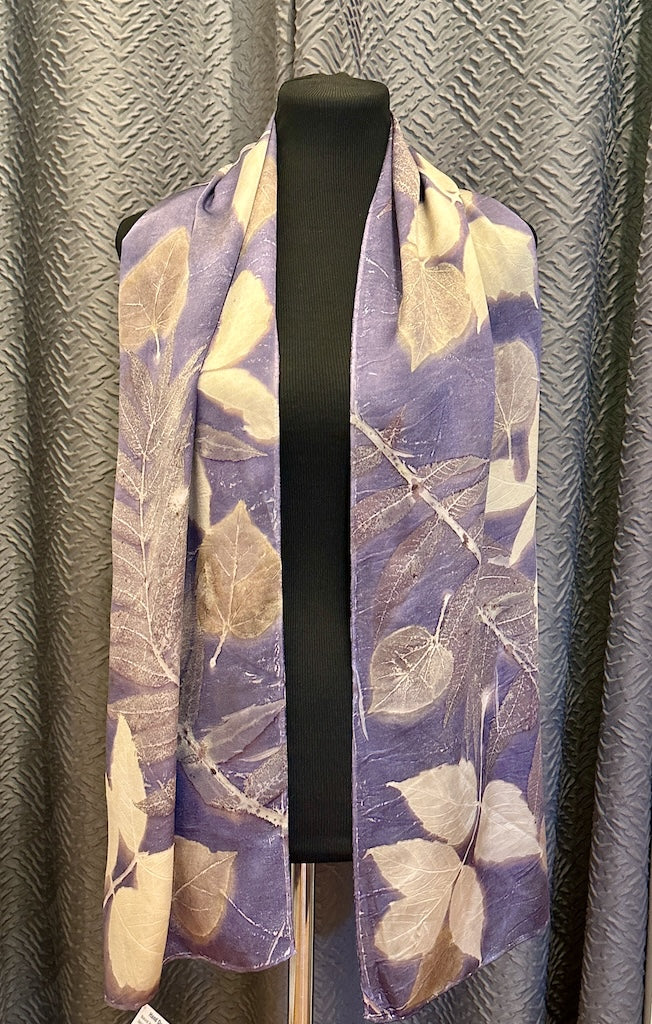 100% HAND DYED SILK CHARMEUSE ECO-PRINTED SCARF F325
