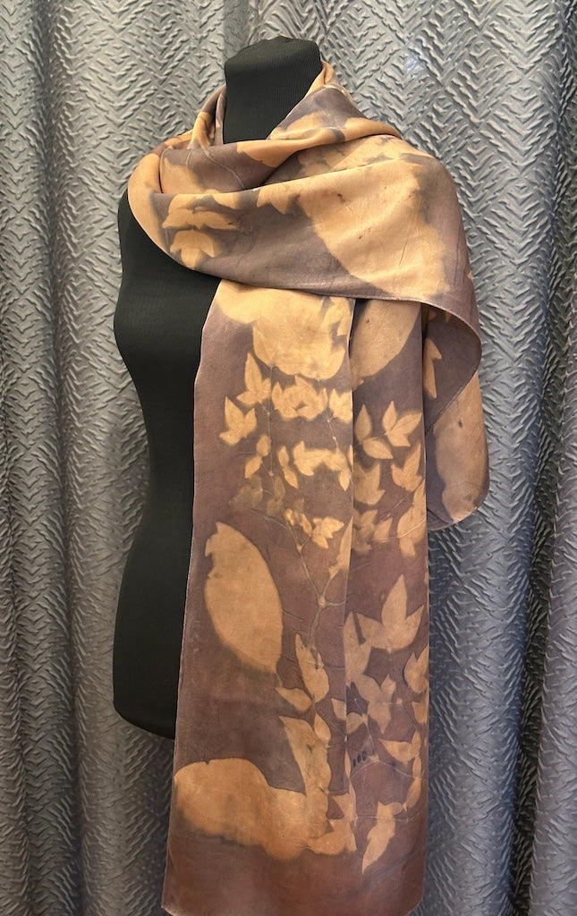 100% HAND DYED SILK SATIN ECO-PRINTED SCARF F326