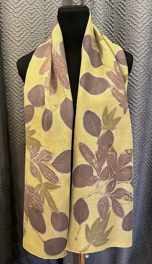 100% HAND DYED SILK/WOOL BLEND ECO-PRINTED SCARF F330