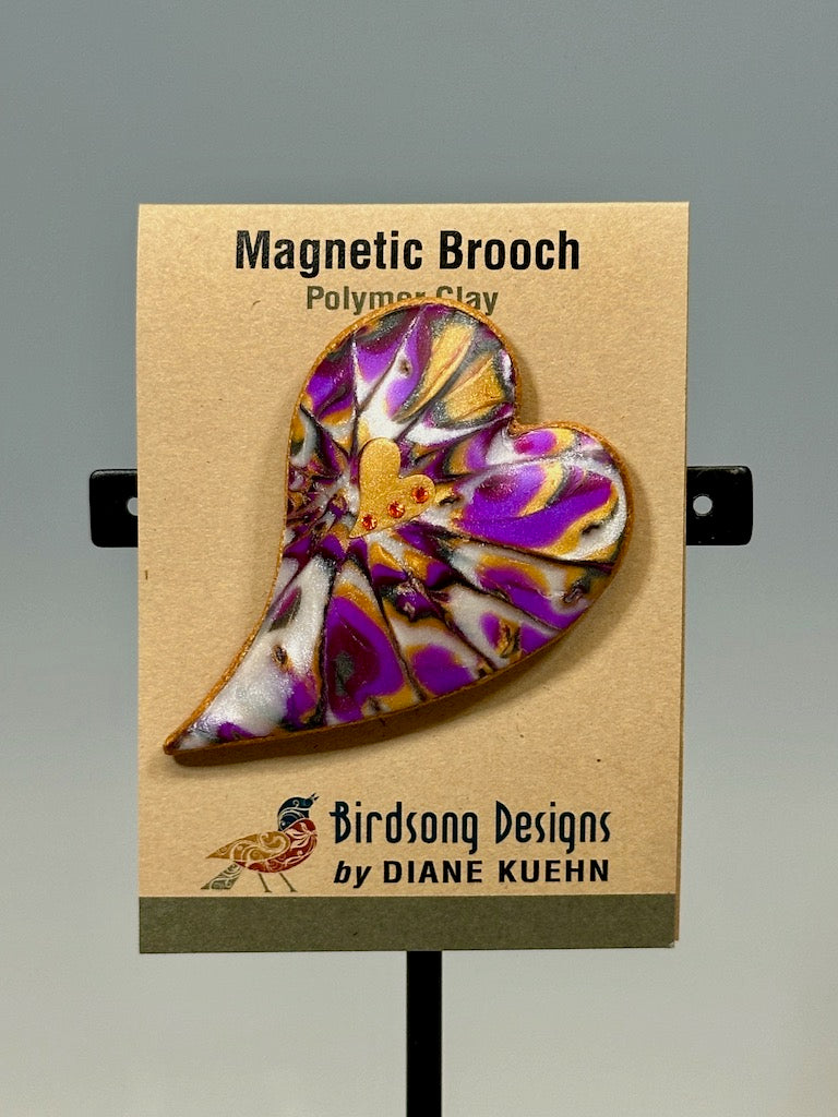 HOLLOW STYLIZED HEART POLYMER CLAY MAGNETIC BROOCH WITH SWAROVSKI CRYSTAL PCB714