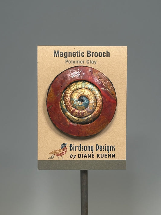 ROUND 2" MAGNETIC POLYMER CLAY BROOCH WITH CENTER SWIRL PCB785