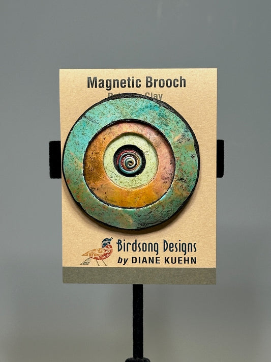 CONCENTRIC MULTI COLOR SWIRL LIGHTWEIGHT POLYMER CLAY MAGNETIC BROOCH PCB825